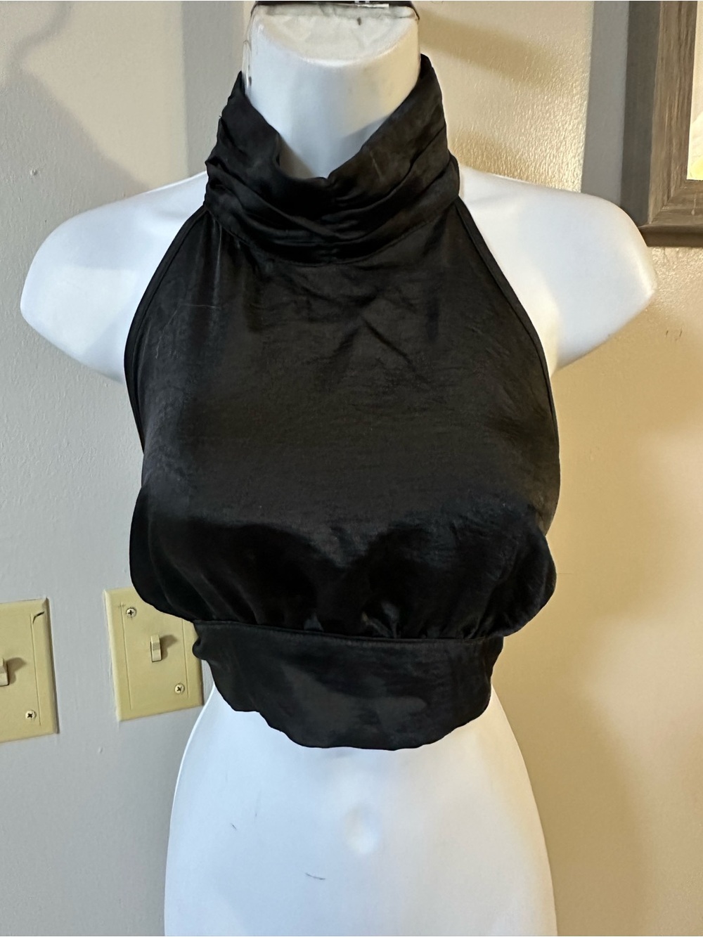 Nasty Gal Black High Neck Halter Crop Top with Gathered Waist